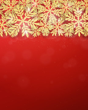 Merry Christmas and Happy New Year seasonal greeting card with gold glittering snowflakes frame on red holiday background