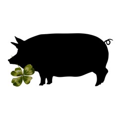 Schwein mit Kleeblatt - Glücksbringer  an Silvester - schwarz grün - Lithographie Grafik Vektor Freisteller