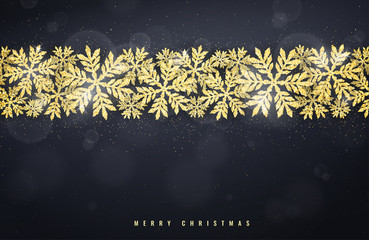 Fototapeta na wymiar Merry Christmas and Happy New Year greeting card with gold glittering snowflakes frame on dark background. Winter seasonal holiday background