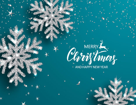 Elegant Christmas Background with Shining Silver Snowflakes. Vector illustration.