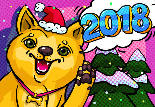 Dog in Santa Claus hat with open mouth and speech bubble.