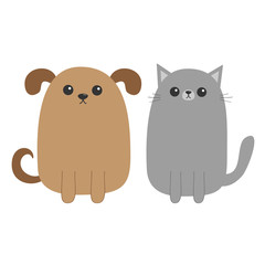 Cartoon dog and cat. Puppy Kitten. Mustache whisker tail. Funny smiling character set. Kawaii pet. Flat design. White background. Isolated.