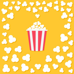 Popcorn popping. Heart shape frame. Red yellow strip box. Cinema movie night icon. Tasty food. Flat design style. Yellow background.