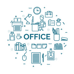 lettering of office concept with line icons set.