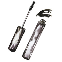 Black mascara with brush and dark backdrop on white background. Hand drawn watercolor illustration.
