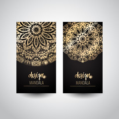 Set of modern business card templates with beautiful gold Indian ornament mandala.