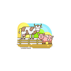 Farm livestock line icon. Farming illustration of cow and pig vector flat design isolated on white background. Farm logo template, element for agriculture business, linear icon object.