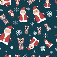 Seamless pattern with Santa Claus and dogs in scarf and snowflakes