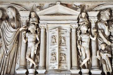 Bas-relief and sculpture details in stone of Roman Gods and Emperors