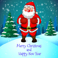 Merry Christmas greeting card with cute Santa on forest and snowflakes background.