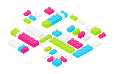 Isometric colorful plastic construction details, parts or pieces isolated on white background. Bright interlocking toy bricks or building blocks. Constructing set for children. Vector illustration.