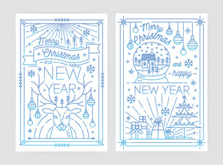 Set of Merry Christmas and Happy New Year festive greeting card or postcard templates with holiday decorations drawn with blue contour lines on white background. Vector illustration in lineart style.