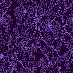 Vector seamless patern background with floral branches. Intricate ornament made of twisted flowers.Lilac lacy outline