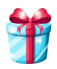 Round gift box with red bow. Blue christmas container. Vector illustration isolated on white background.