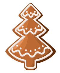 Christmas gingerbread. Xmas tree cookie. Decorated white icing. Isolated on white background. Holiday vector Illustration.