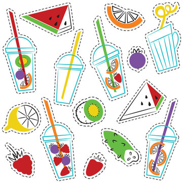 Summer ogranic drinks vector stickers set.