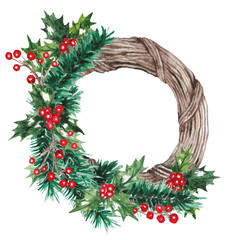 Fototapeta na wymiar Watercolor Christmas wreath