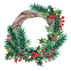 Fototapeta na wymiar Watercolor Christmas wreath