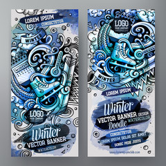 Cartoon hand drawn watercolor doodles Winter banners design