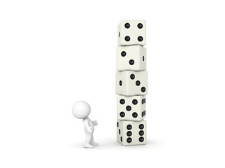 3D Character looking up at stack of big dice