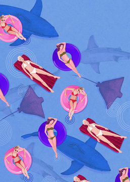 Women sunbathing on water mattresses, sharks in background