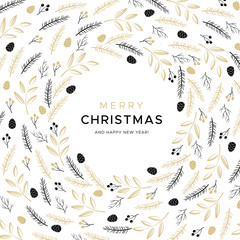 Merry Christmas and Happy New Year greeting card with black and gold branches and pine cones.