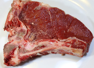 raw beef steak in ceramic dish