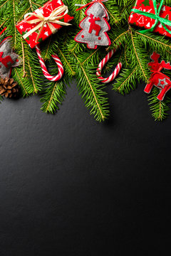 Christmas background with tree, presents and decorations