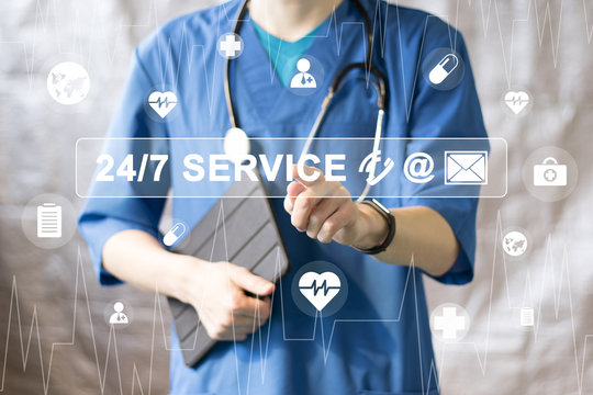 Doctor pushing button 24 hours service virtual healthcare in network medicine health