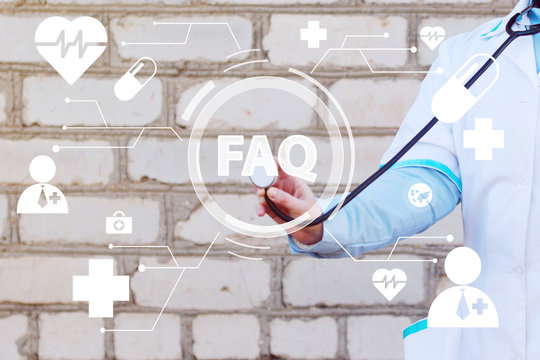 Doctor Pushing Button Faq Healthcare Network On Virtual Panel Medicine ( Frequently Asked Questions ).