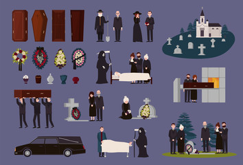 Funeral service and ceremony collection. Grieving people dressed in black mourning clothes, graves, coffins, funerary urns, hearse, cemetery, burial and cremation procedures. Vector illustration. - obrazy, fototapety, plakaty