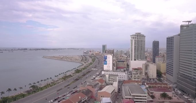 Luanda bay, aerial footage. Sunset. Skyline.