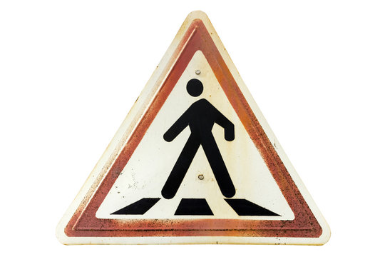 Triangular rusty ginger border road sign 'Pedestrian crossing'