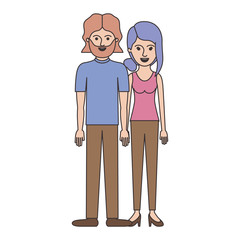 couple colorful silhouette and both with t-shirt and pants and shoes and him with mid length hair and beard and her with collected hair and fringe vector illustration