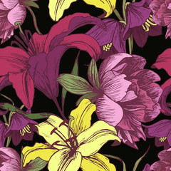 Vector floral seamless pattern with peonies, lilies in vintage style