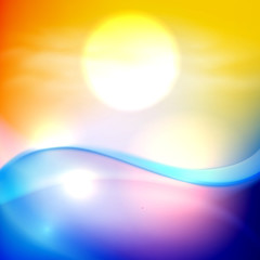 Water wave in sunset time. Orange background.