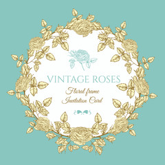 Vector floral card with a round frame of pink roses in vintage style