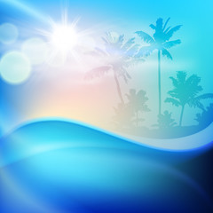 Fototapeta na wymiar Water wave and island with palm trees. Blue background.