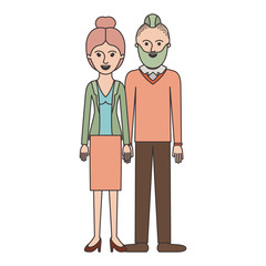 couple colorful silhouette and her with blouse and jacket and skirt and heel shoes with collected hair and him with beard and sweater and pants and shoes with taper fade haircut vector illustration