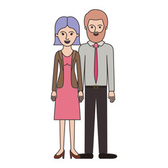 couple colorful silhouette and her with blouse and jacket and skirt and heel shoes with short straight hairstyle and him with shirt and tie and pants and shoes with short hair and bearded vector