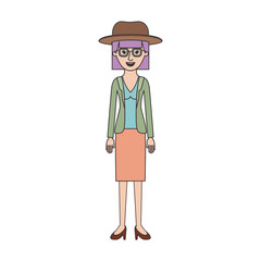 woman with hat and glasses and blouse with jacket and skirt and heel shoes with mushroom hairstyle in colorful silhouette vector illustration