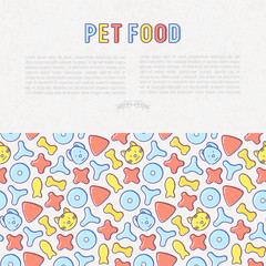 Pet food concept with thin line icons of dry food in different shapes and cute dog and cat. Modern vector illustration.