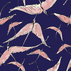 Fototapeta premium Flying flock of flamingo in the sky. Watercolor seamless pattern. Hand drawn vector illustration.