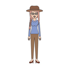 woman with hat and glasses and blouse long sleeve and pants and heel shoes with braid and fringe hairstyle in colorful silhouette vector illustration
