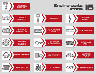 Set of 16 engine parts icons