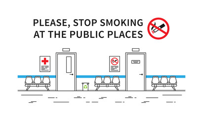 Obraz premium Hospital hall no smoking vector illustration. Stop smoking sign at the public place line art concept.