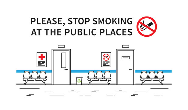Hospital hall no smoking vector illustration. Stop smoking sign at the public place line art concept.