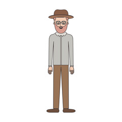 man with hat and glasses and shirt and pants and shoes with short hair and beard on colorful silhouette vector illustration