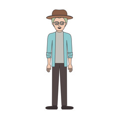 man with hat and glasses and jacket and pants and shoes with short hair in colorful silhouette vector illustration