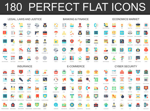 180 modern flat icon set of Legal law justice, banking finance, economics market, insurance, e commerce, cyber security icons.